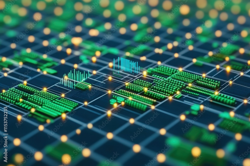 Poster abstract digital circuit design with interconnected nodes and glowing lights, representing advanced 