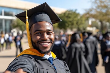 A cheerful graduate takes a selfie, proudly wearing a cap and gown, surrounded by fellow graduates, capturing the unforgettable celebration of graduation day.