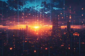 Fototapeta premium Futuristic City Skyline with Data Waves and Digital Lights at Sunset