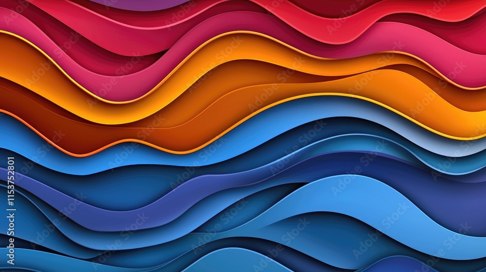 Poster a vibrant abstract design featuring wavy layers of colors, blending reds, oranges, and blues, creati