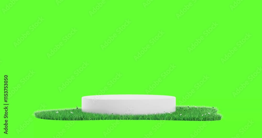 Poster 4k Resolution Video: White Promotion Product Display Podium with Green Grass Patch Seamless Loop Rotating on a Green Screen Background with Alpha Mate