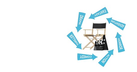 4k Resolution Video: Arrows with Cinema Styles Seamless Loop Rotating Around Director Chair, Movie Clapper and Megaphone on a White Background with Alpha Mate