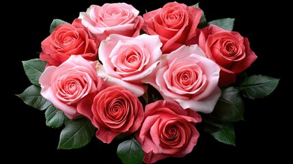 Obraz premium A vibrant bouquet of pink and red roses, elegantly arranged with lush green leaves, set against a dark background.
