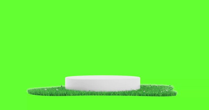4k Resolution Video: White Promotion Product Display Podium with Green Grass Patch Seamless Loop Rotating on a Green Screen Background with Alpha Mate