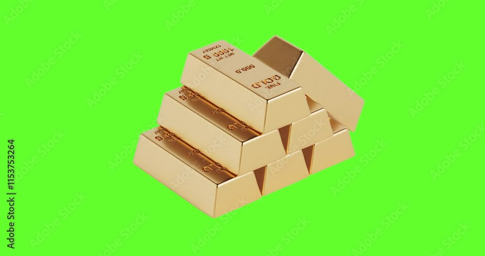 Aufkleber 4k Resolution Video: Stack of Golden Bars Seamless Loop Rotating on a Green Screen Background with Alpha Mate