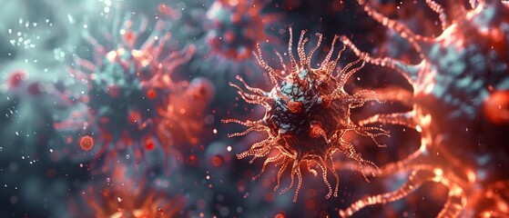 A vivid, abstract rendering of coronavirus cells in red hues against a multicolored backdrop, designed to mimic a 3D representation with depth and texture.