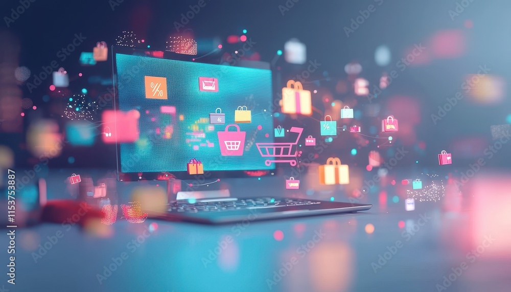 Poster digital shopping concept with vibrant icons and glowing symbols surrounding computer screen in a mod