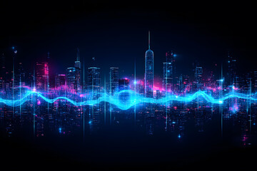 Futuristic City Skyline with Data Waves and Digital Lights at Sunset