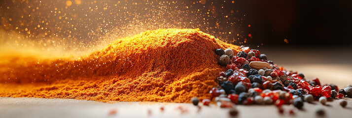 Dynamic cloud of cinnamon, turmeric, and crushed chili floating mid-air against a neutral beige background. Elegant minimalist style with soft lighting, warm tones, and space for text.