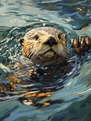 Curious sea otter floating in water with paws raised