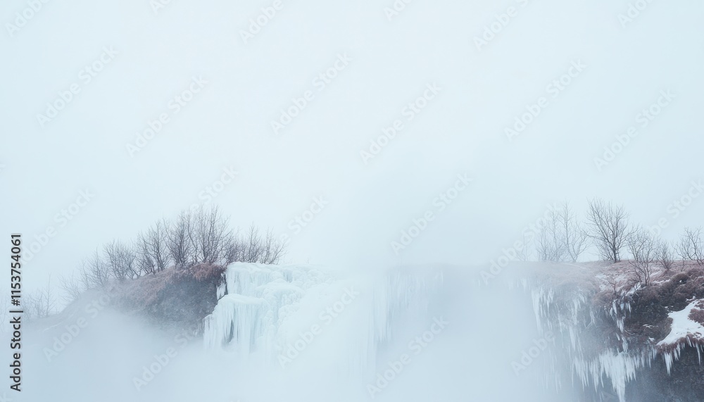 Poster misty winter landscape with icicles hanging from a cliff surrounded by fog and bare trees in a tranq