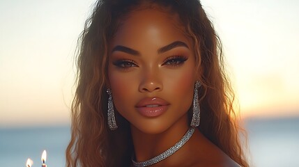 Close-up portrait of a beautiful young woman with long wavy hair, wearing diamond jewelry, at sunset.