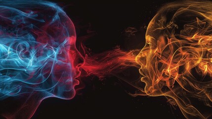 Abstract image: blue and orange smoke figures facing each other like stars. Resemble man and woman profiles, hinting at dialog or connection.