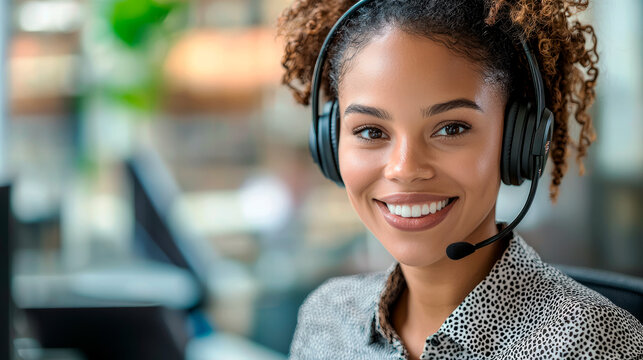 Portrait of young smiling woman customer service worker, call center in the office. Copy space - Powered by Adobe