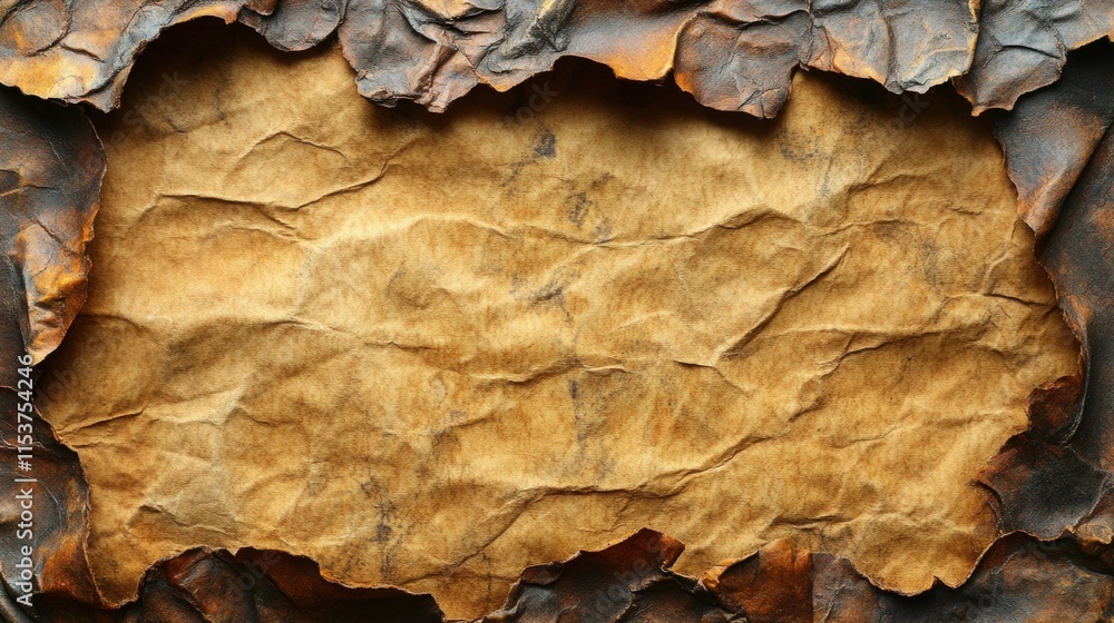 Poster burned edges frame crumpled parchment paper background texture.