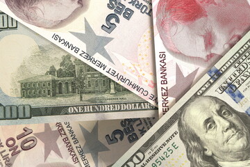 US dollar and Turkish lira banknotes. Cash. Financial concept.