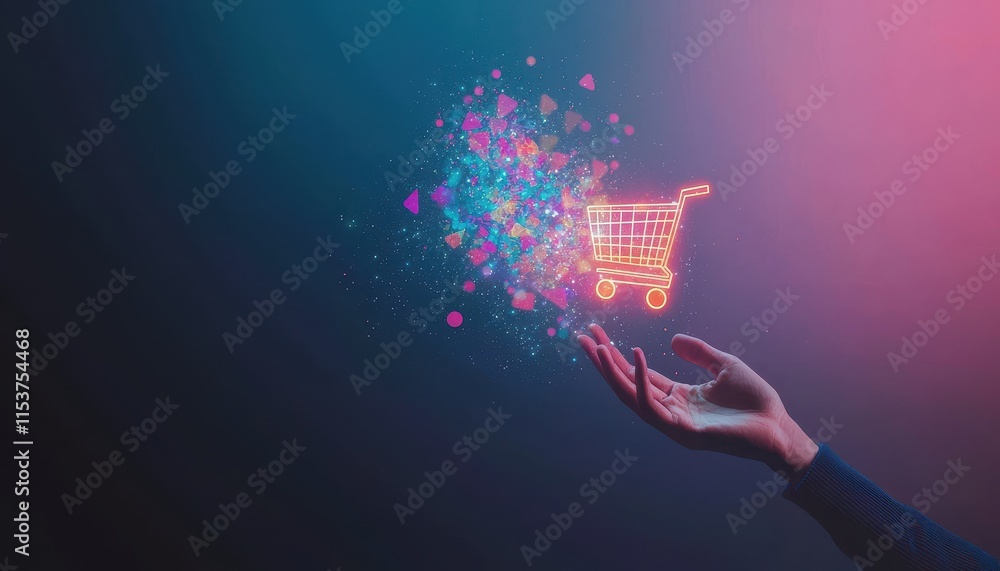 Poster hands reaching for digital shopping cart icon with colorful sparkles on dark background