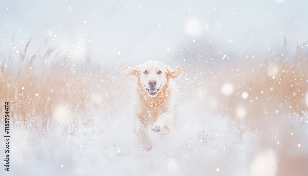 Poster Happy Golden Retriever Running Through Snowy Field on a Winter Day with Soft Snowflakes Falling All Around