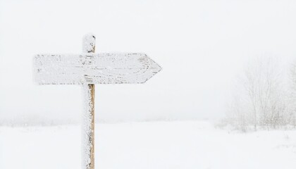 Naklejka premium Directional Sign Post Covered in Snow in a Winter Landscape with Soft White Background