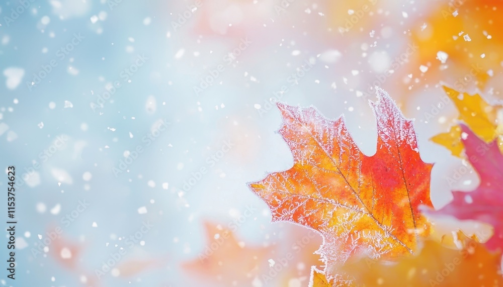Poster frosted autumn leaves with soft blue background and gentle snowfall creating a serene nature scene i