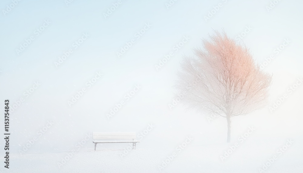 Poster serene winter landscape with a lone tree and empty bench in a soft foggy atmosphere, evoking calmnes