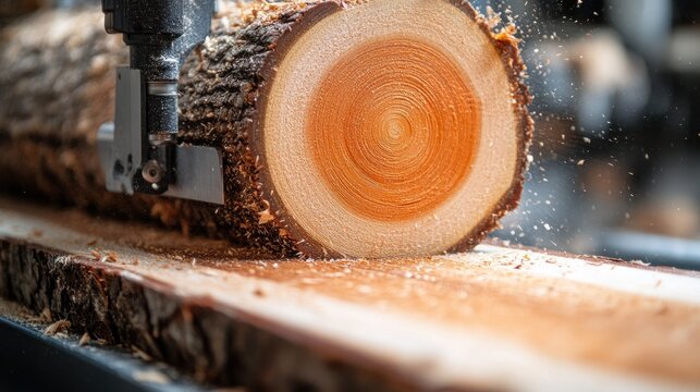 Sawmill machine cutting log into lumber. Wood sawdust flying.  Circular wood grain visible. Close-up. .