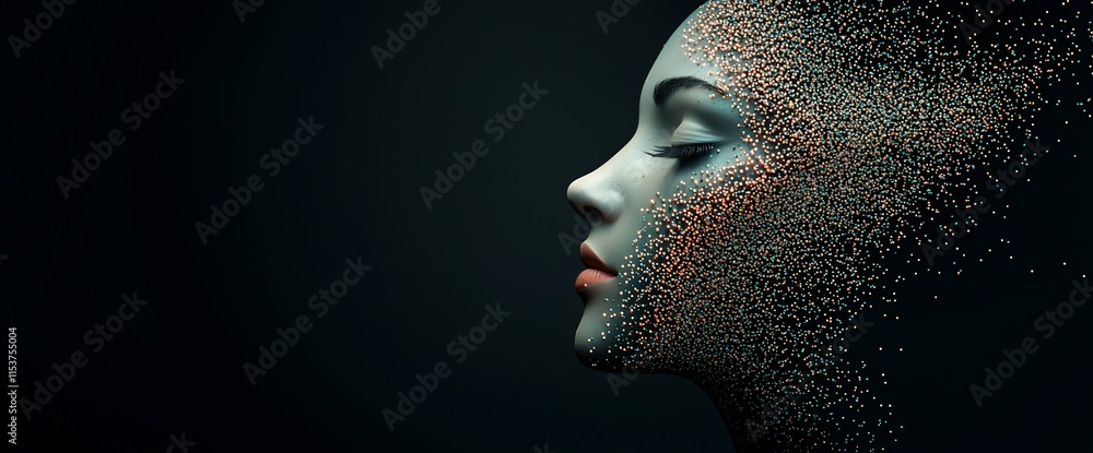 Poster abstract profile of a woman dissolving into particles.