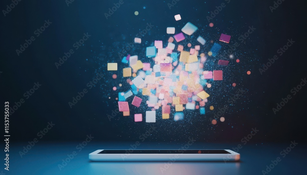 Poster digital transformation concept with colorful data explosion from tablet on dark background