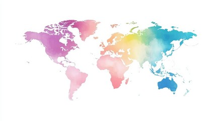 Minimalist gradient world map outline design with elegant line drawing style. Abstract global geography concept featuring soft curves and vibrant gradient background