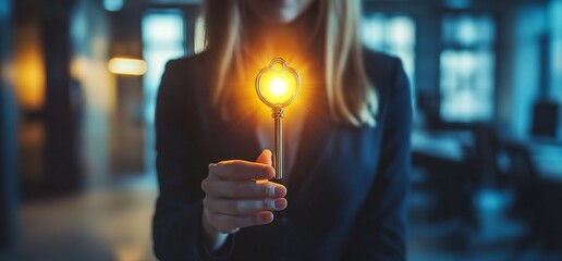 A person holding a glowing key in a professional setting.