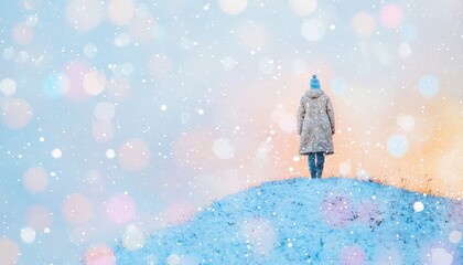 Obraz premium Person in Winter Coat Standing on Snowy Hill with Colorful Bokeh and Soft Snowflakes Falling from the Sky
