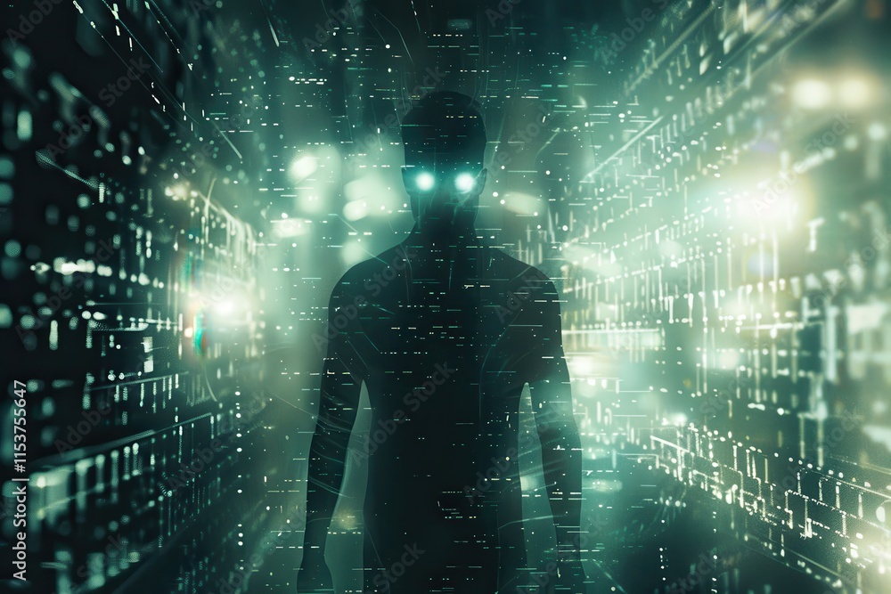 Aufkleber a shadowy figure emerges from a field of digital data and light