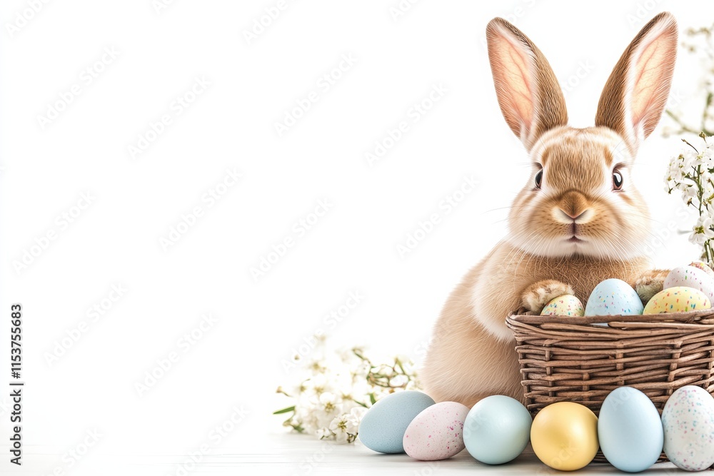 Wall mural A delightful and cheerful Easter bunny is joyfully surrounded by a vibrant array of colorful eggs beautifully arranged in a basket, symbolizing the joy and festive spirit of the Easter celebration