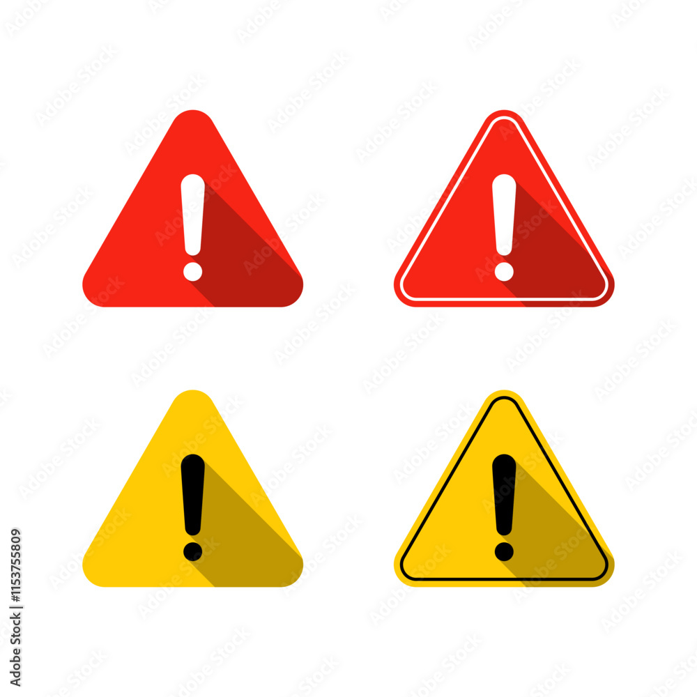 Poster alert warning, caution icon set with long shadow. exclamation mark on triangle shape