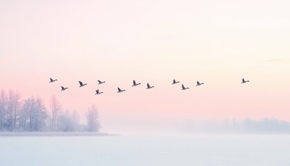 Obraz premium Flock of Birds Flying Across a Soft Pink and Blue Sky at Dawn Over Calm Water in Winter Environment