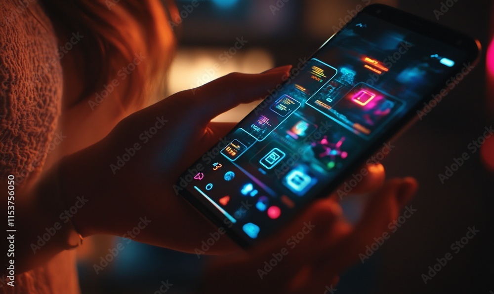 Poster a person holding a smartphone displaying vibrant app icons in a dimly lit setting.