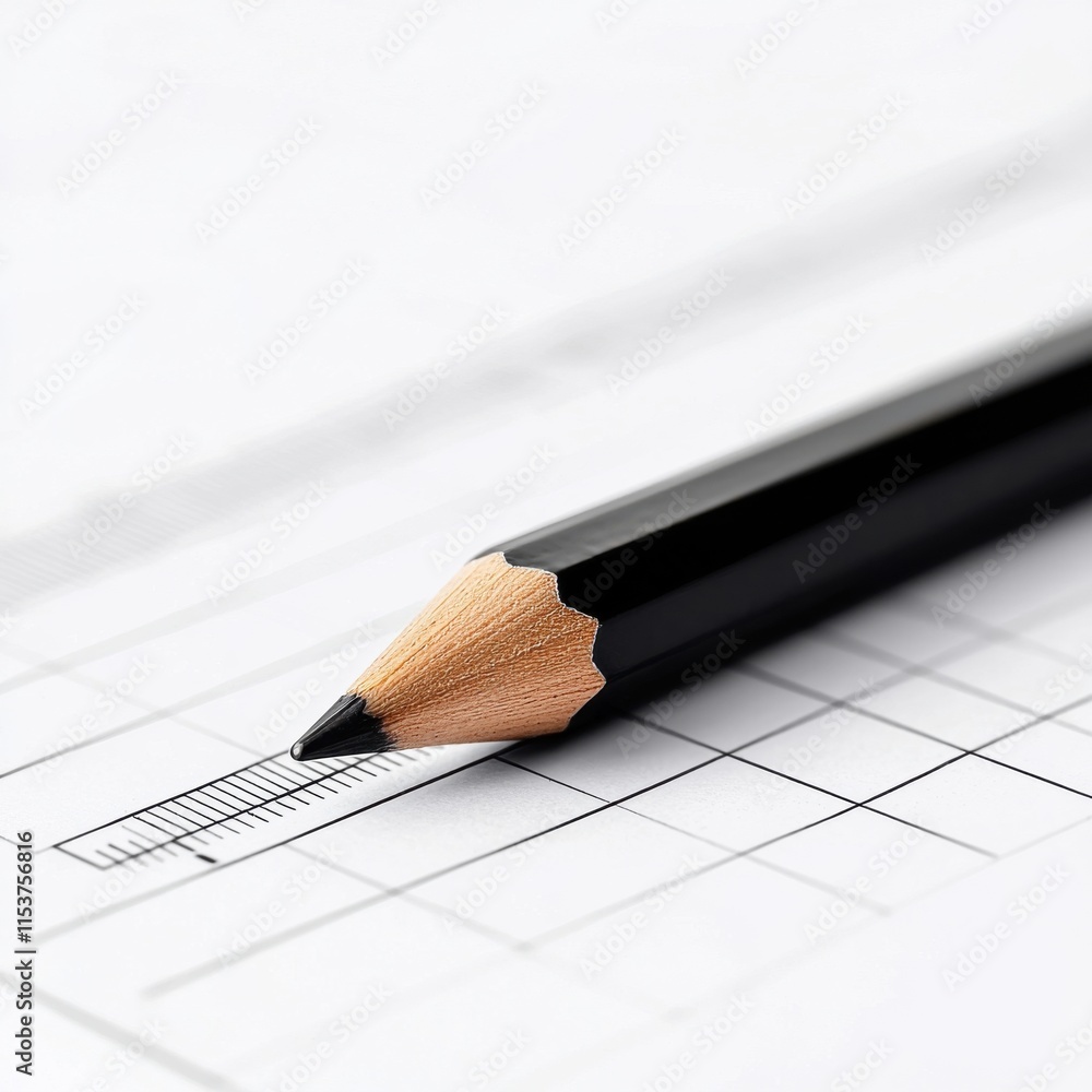 Poster a close-up of a sharpened pencil resting on a grid paper, highlighting a ruler, symbolizing precisio
