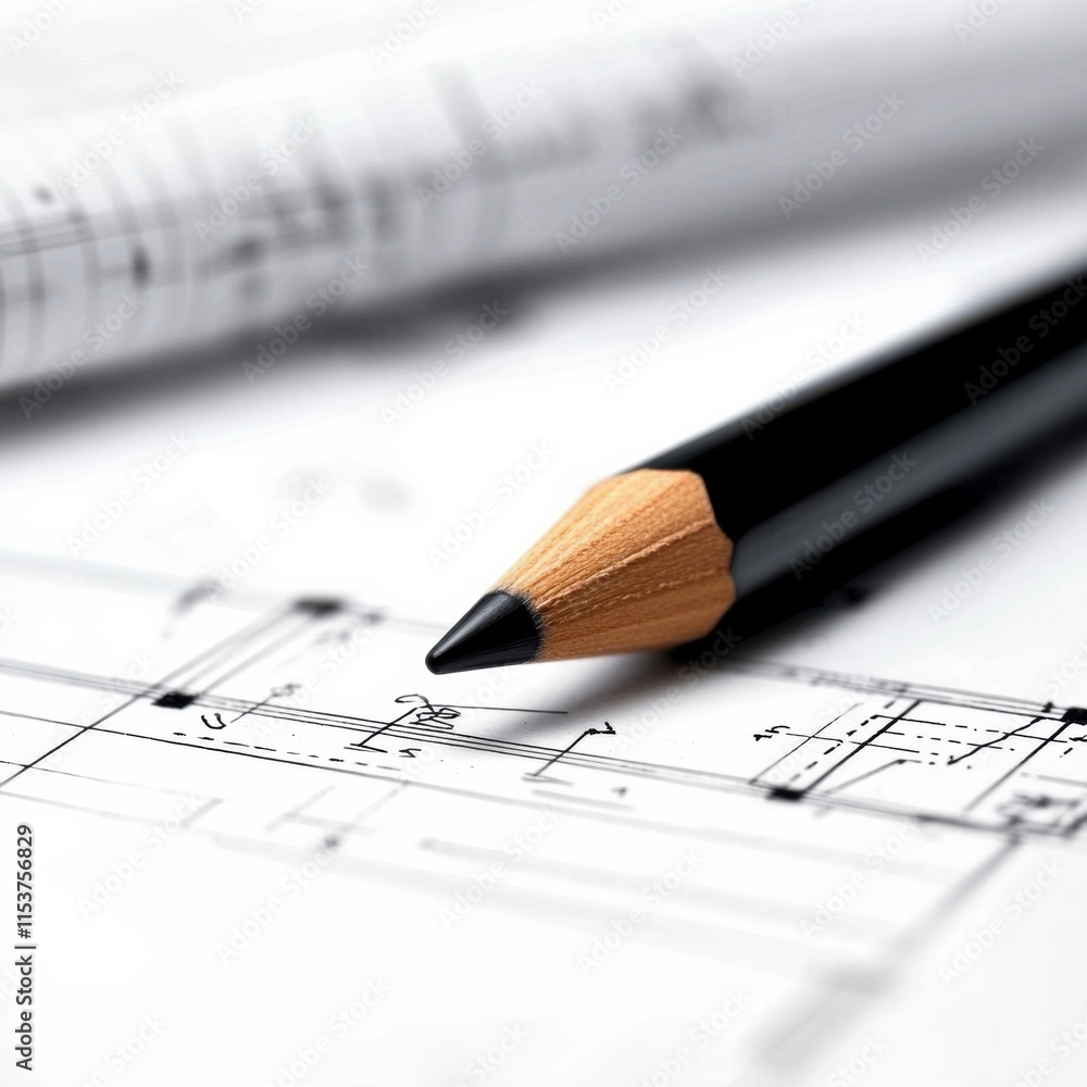 Poster a close-up of a pencil resting on architectural drawings with music notation, showcasing the interse