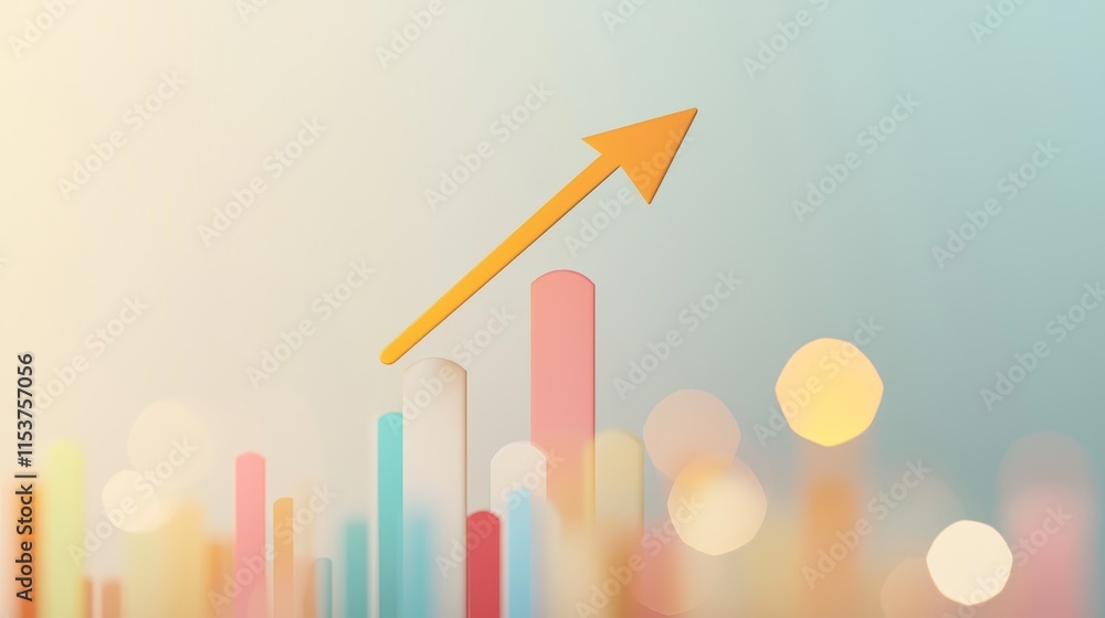 Aufkleber colorful bar graph with upward arrow depicting growth against a soft gradient background in business