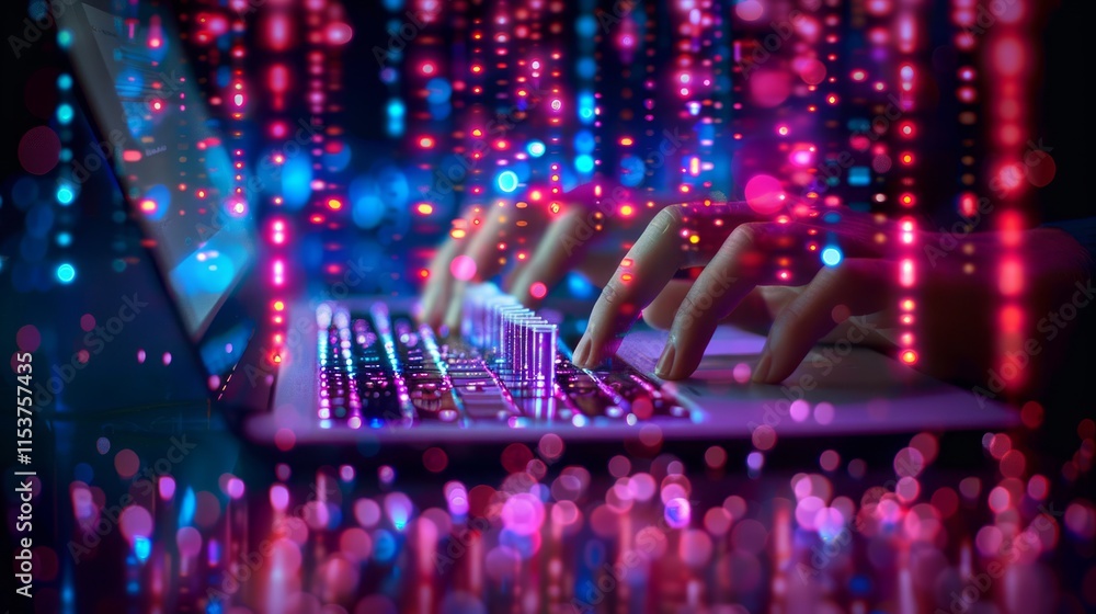Poster close-up of hands typing on a laptop keyboard with colorful lights.