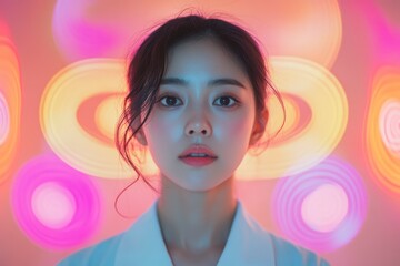 Portrait of an Asian woman in a simple and minimalistic frame, showcasing vibrant colors and abstract art elements, evoking a sense of modern elegance and serenity in a professional setting.