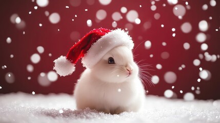 adorable white baby bunny wearing miniature red santa costume and tiny hat surrounded by falling snowflakes in magical christmas setting
