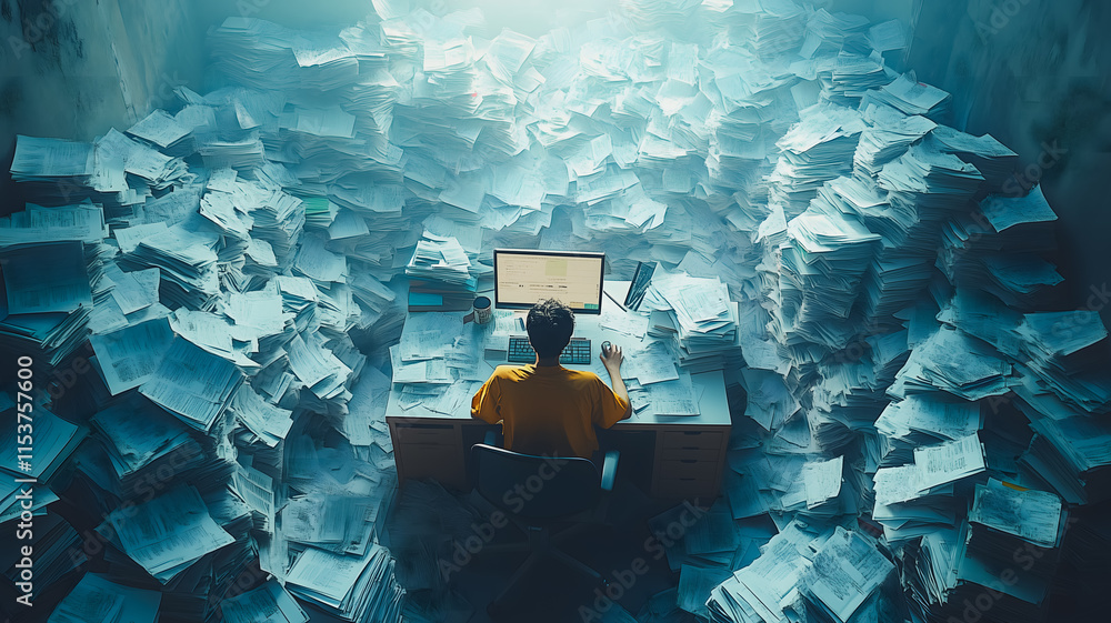 Poster a man sits at a desk with a computer and piles of paper