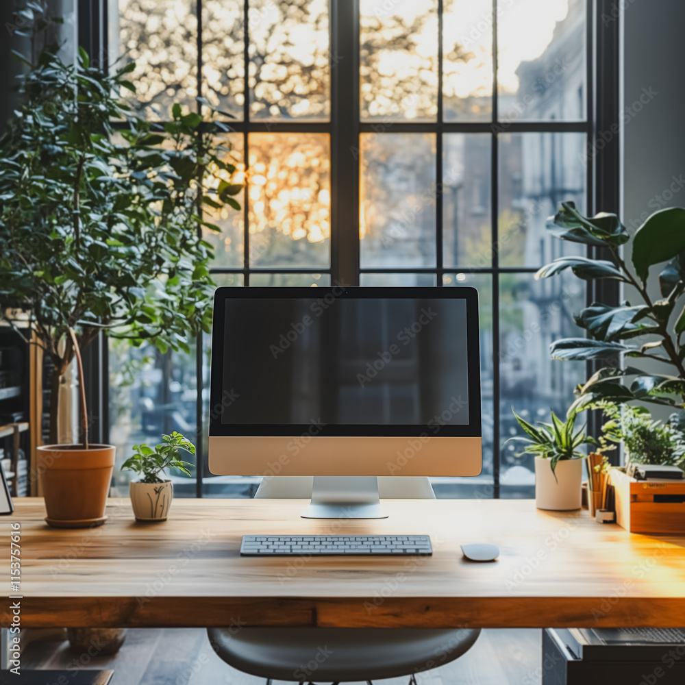 Poster a computer monitor sits on a wooden desk in front of a window