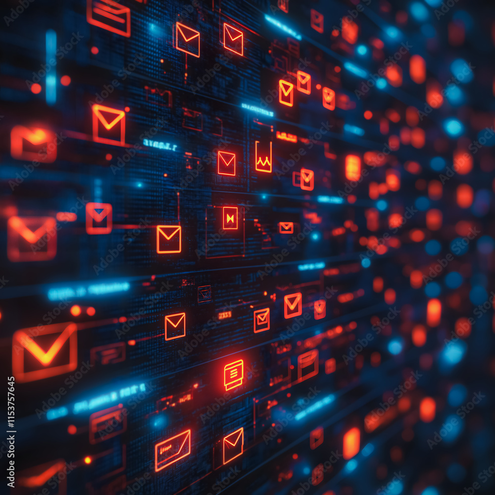 Poster a computer screen with many red and blue icons, including one that says 
