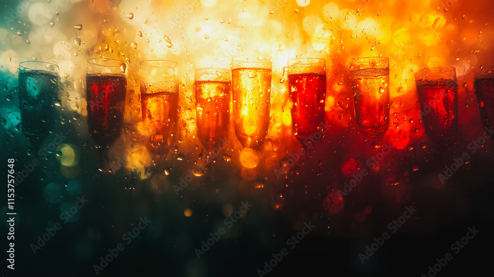 Poster a row of glasses with different colored liquids in them. the glasses are arranged in a row and are a
