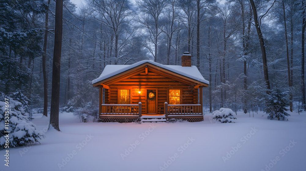 Poster a log cabin in the woods with a warm glow from the inside. the snow outside is piled up around the h
