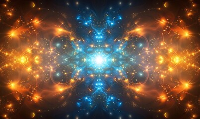 Symmetrical cosmic nebula with orange and blue energy.