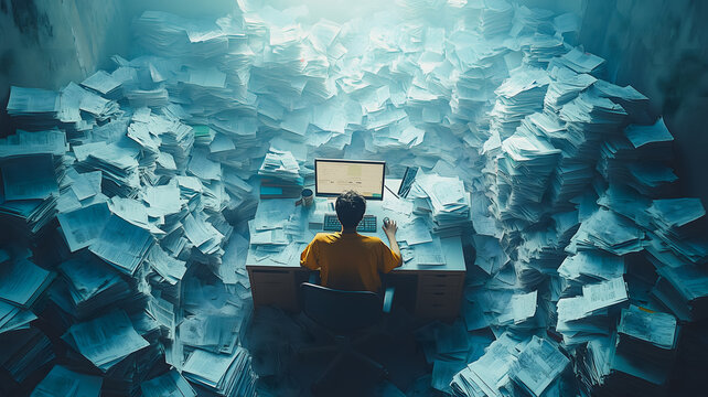 A man sits at a desk with a computer and piles of paper