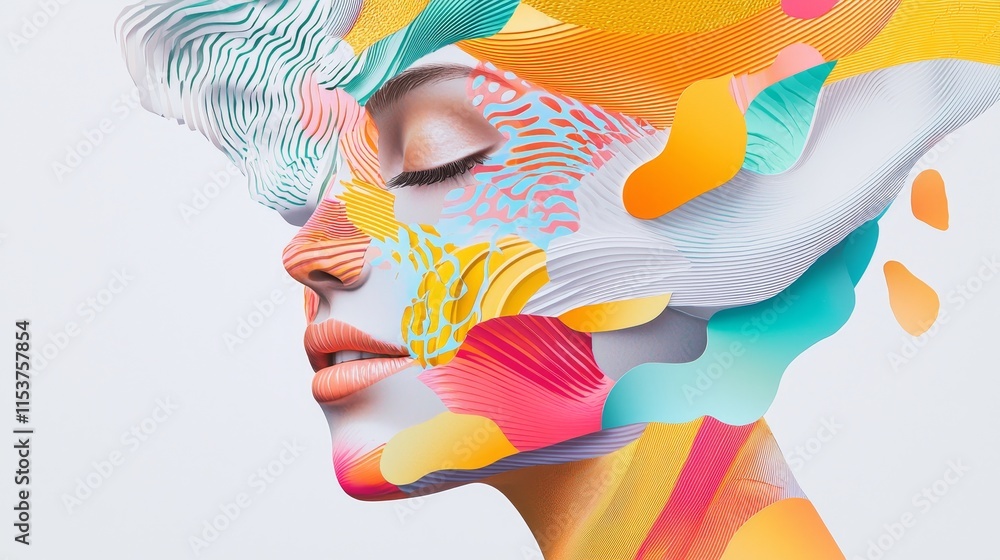 Poster abstract portrait of a woman with colorful artistic patterns and textures blending into a surreal re